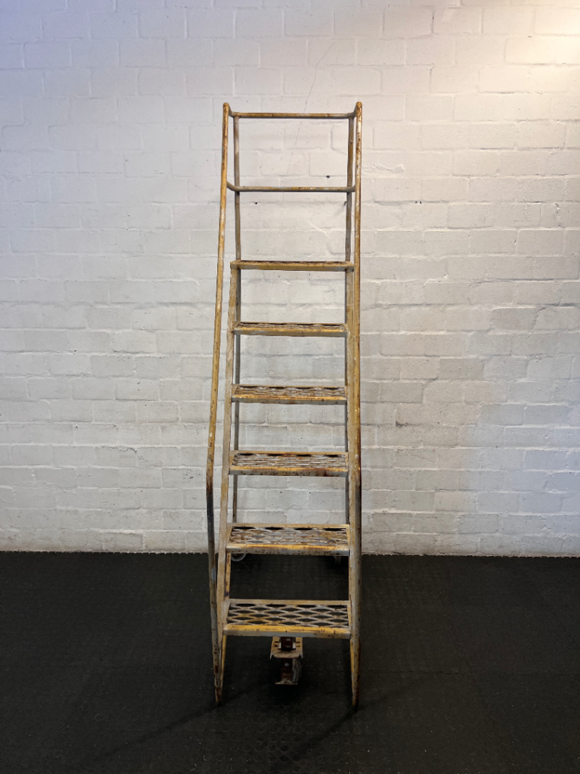 Industrial Metal Rolling Ladder - Well-Used with Significant Rust - 2ndhandwarehouse.com