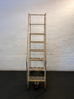 Industrial Metal Rolling Ladder - Well-Used with Significant Rust - 2ndhandwarehouse.com