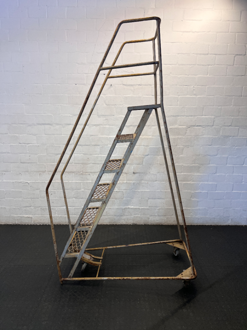 Industrial Metal Rolling Ladder - Well-Used with Significant Rust - 2ndhandwarehouse.com