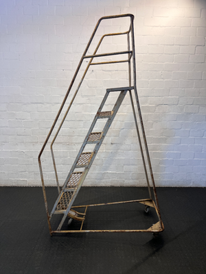 Industrial Metal Rolling Ladder - Well-Used with Significant Rust - 2ndhandwarehouse.com