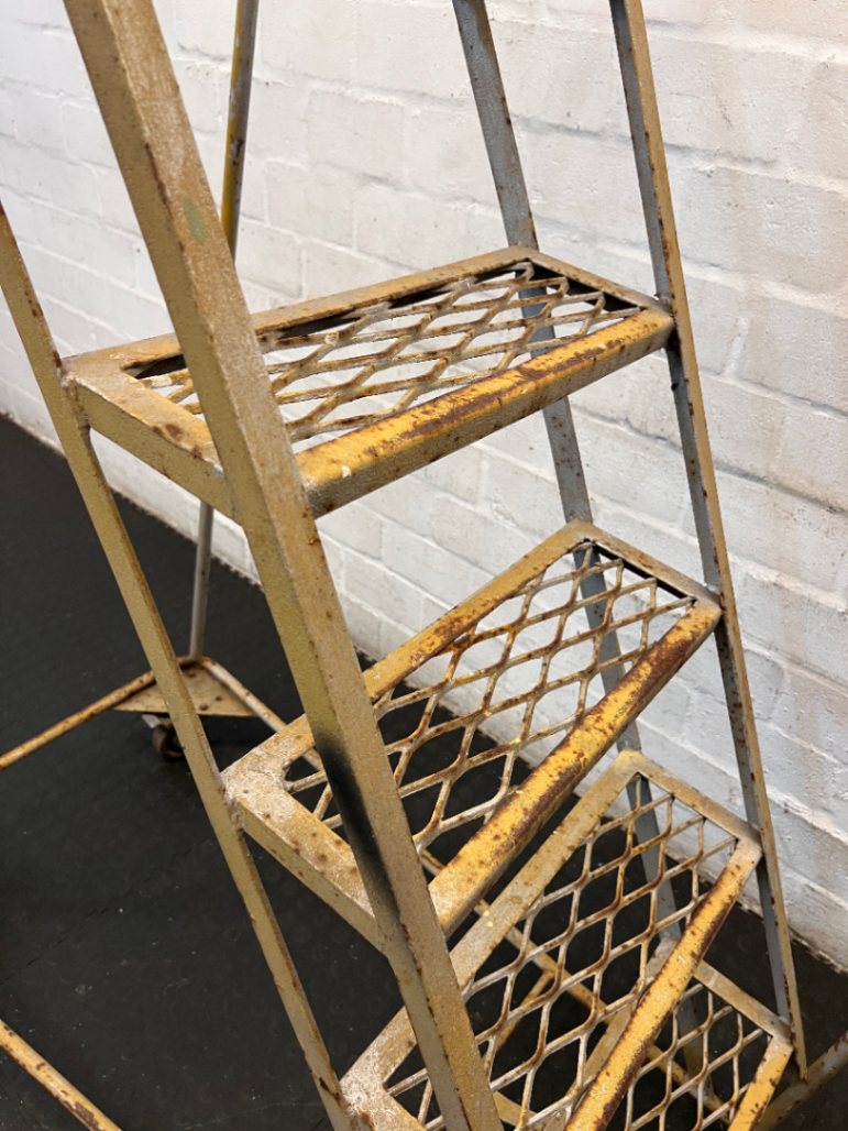 Industrial Metal Rolling Ladder - Well-Used with Significant Rust - 2ndhandwarehouse.com
