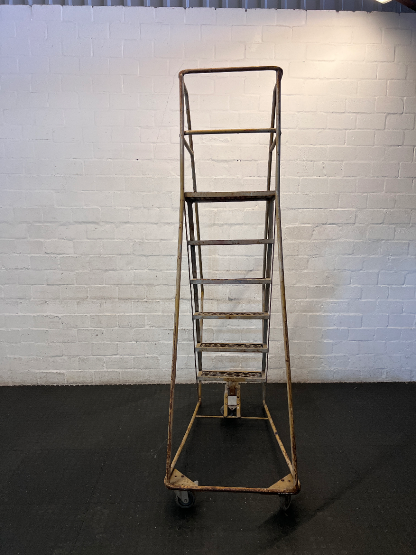 Industrial Metal Rolling Ladder - Well-Used with Significant Rust - 2ndhandwarehouse.com