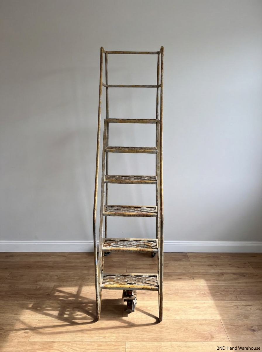 Industrial Metal Rolling Ladder - Well-Used with Significant Rust - 2ndhandwarehouse.com