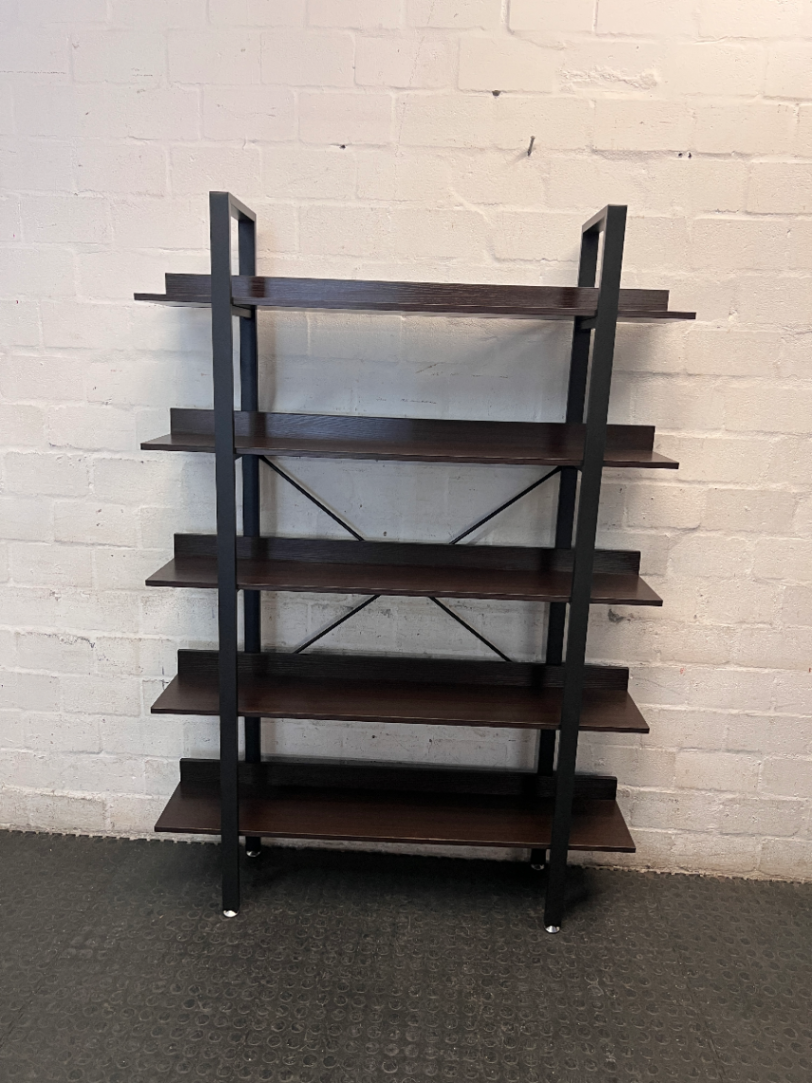 Industrial Style Dark Brown Wood and Metal Bookshelf — Good Working Order