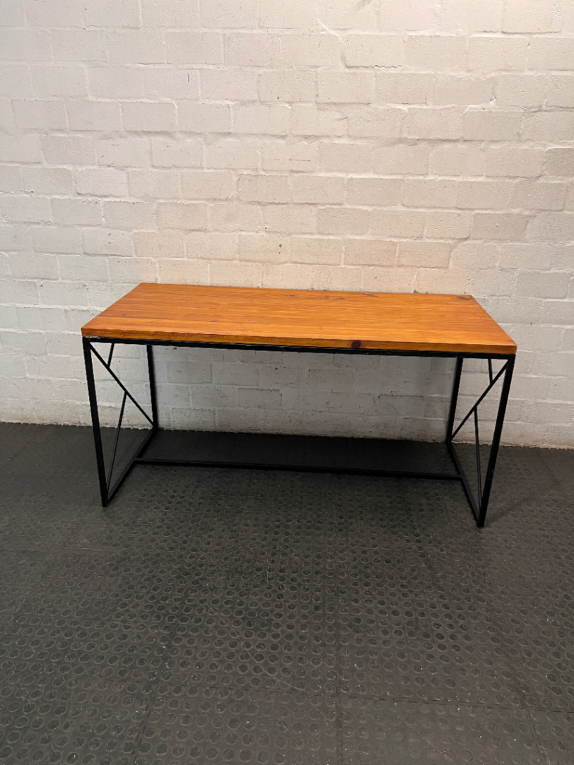 Industrial Style Timber Top Office Desk with Geometric Base — Fair Used Condition