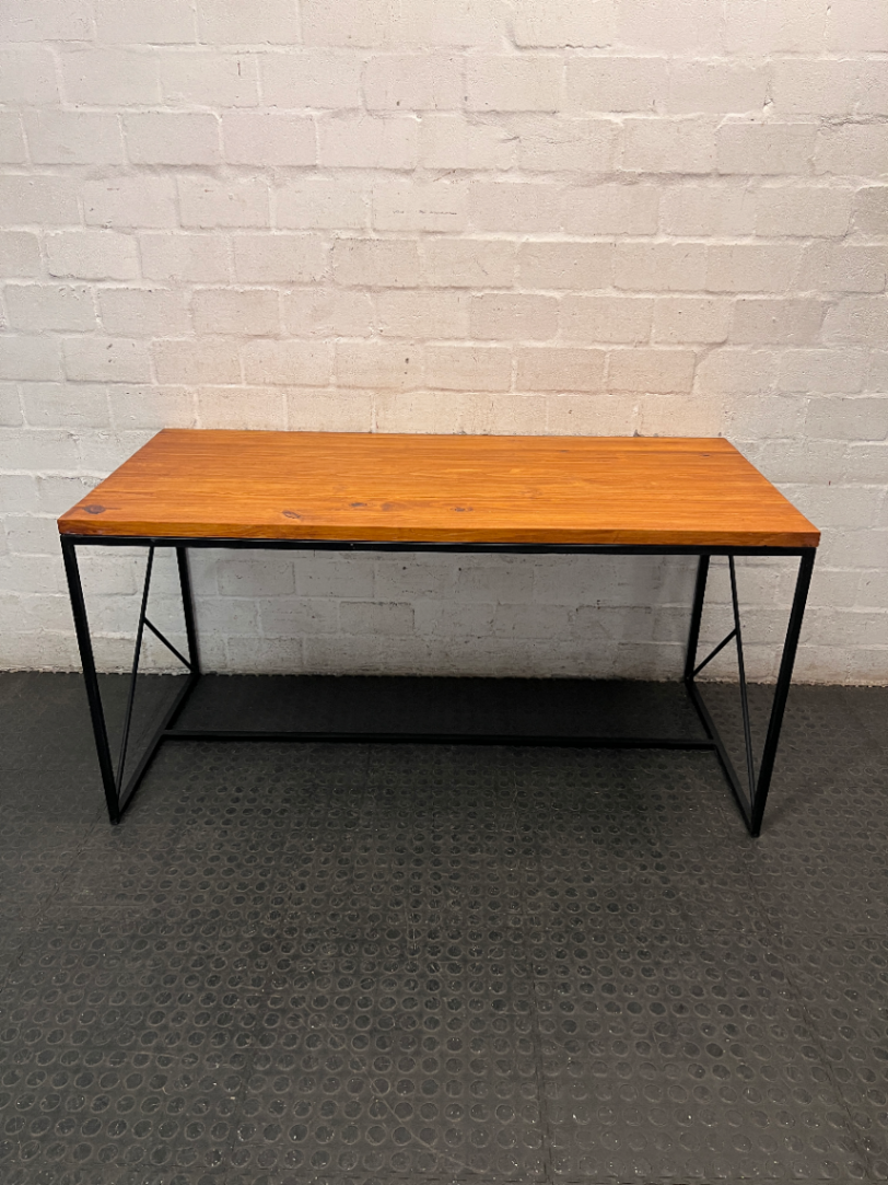 Industrial Style Timber Top Office Desk with Geometric Base — Fair Used Condition