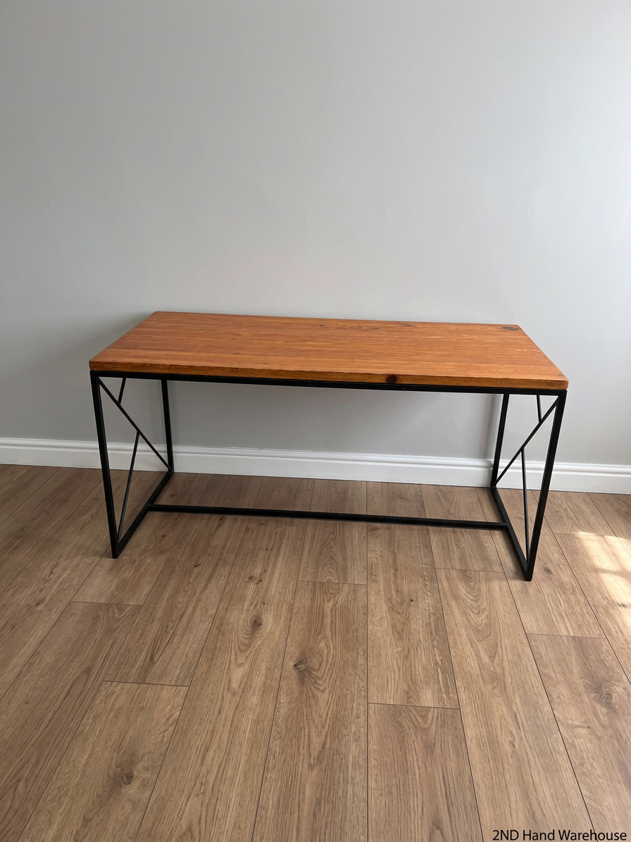Industrial Style Timber Top Office Desk with Geometric Base — Fair Used Condition