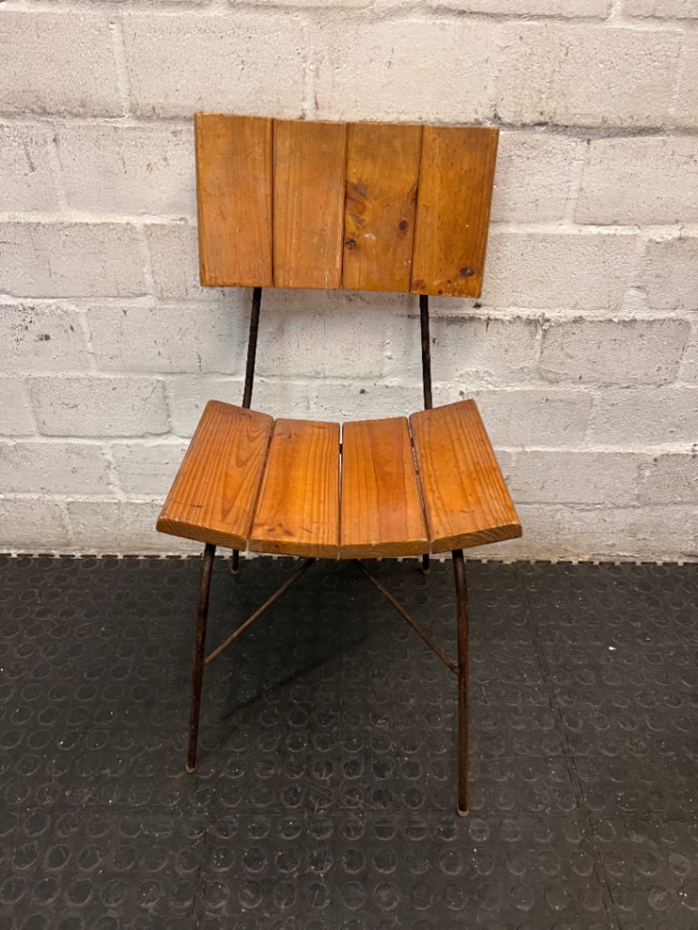 Industrial Timber Slatted School Style Dining Chair — Rusted Metal Frames; Wooden Seats in Good Condition