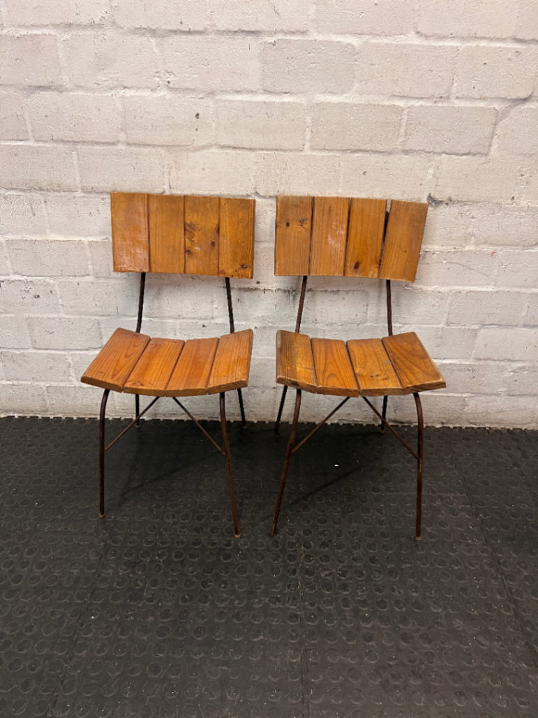Industrial Timber Slatted School Style Dining Chair — Rusted Metal Frames; Wooden Seats in Good Condition