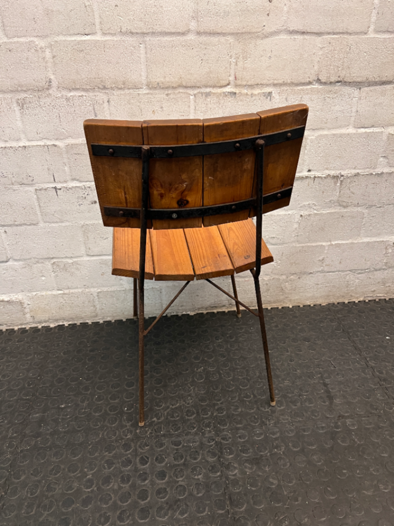Industrial Timber Slatted School Style Dining Chair — Rusted Metal Frames; Wooden Seats in Good Condition