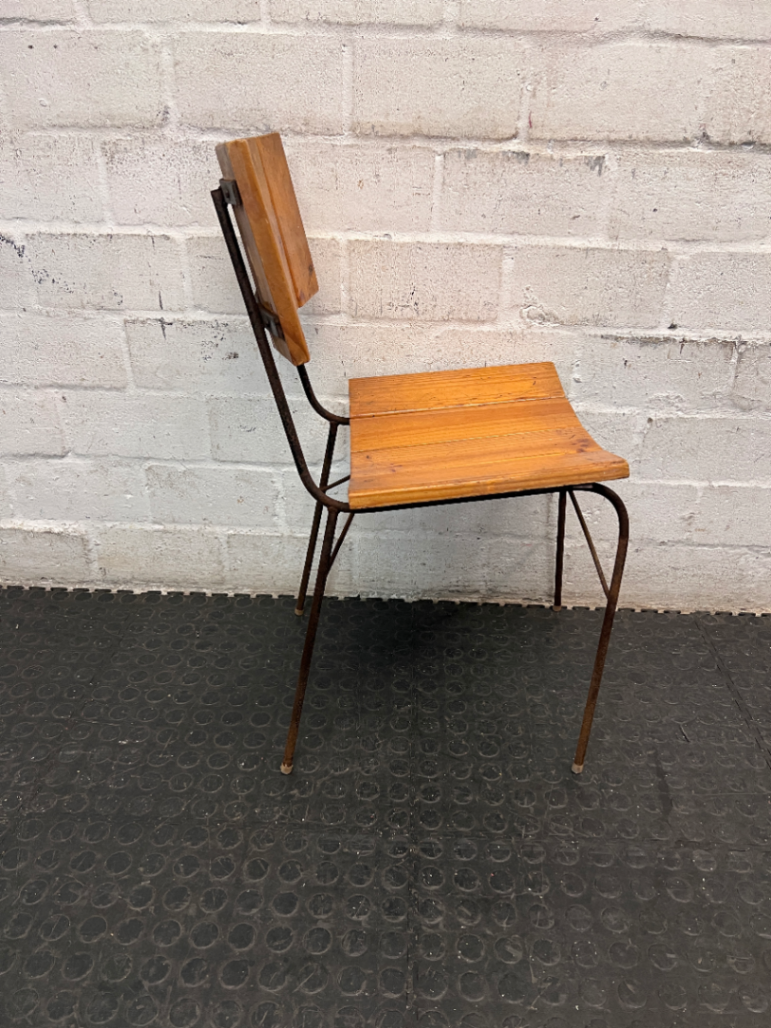 Industrial Timber Slatted School Style Dining Chair — Rusted Metal Frames; Wooden Seats in Good Condition