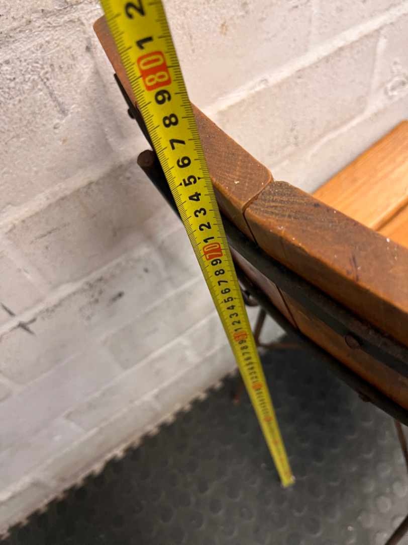 Industrial Timber Slatted School Style Dining Chair — Rusted Metal Frames; Wooden Seats in Good Condition