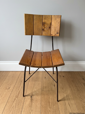 Industrial Timber Slatted School Style Dining Chair — Rusted Metal Frames; Wooden Seats in Good Condition