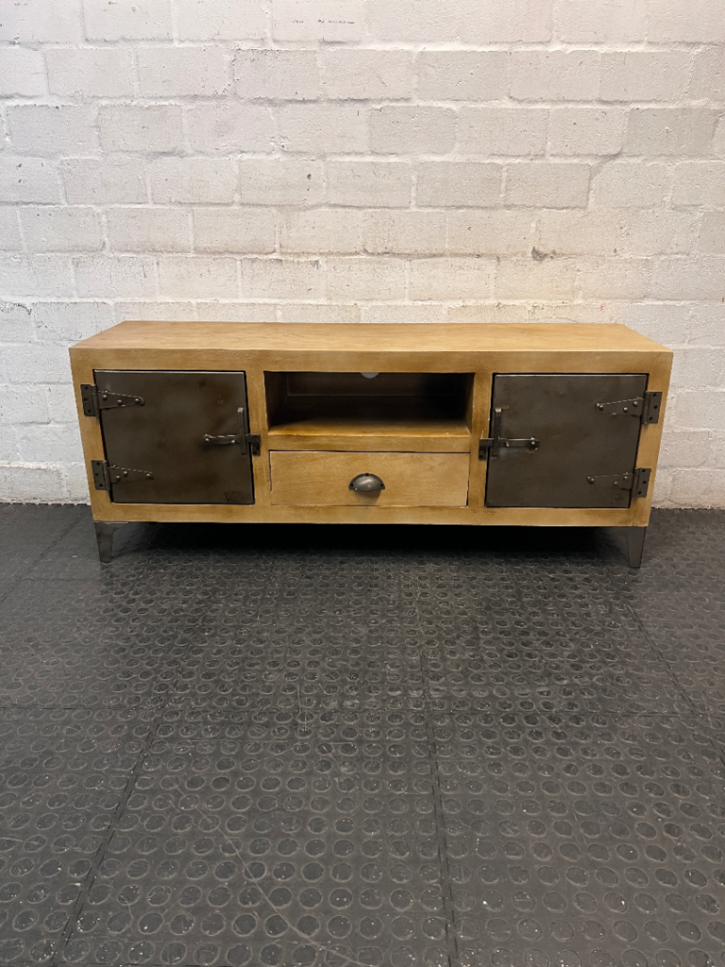 Industrial Wood and Metal TV Unit with Cupboard Doors