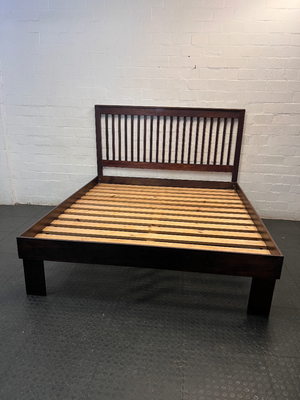 King Wooden Bed Frame with Slatted Headboard — Well Used with Visible Wear
