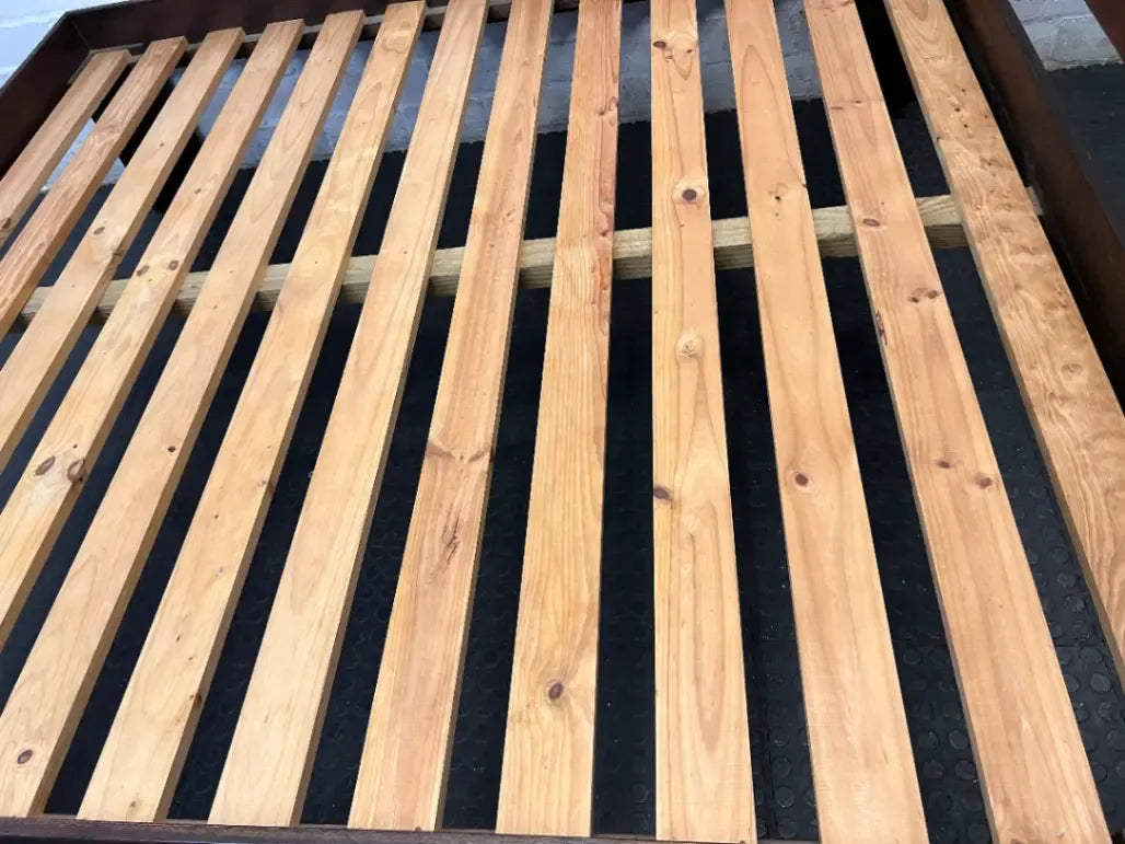 King Wooden Bed Frame with Slatted Headboard — Well Used with Visible Wear