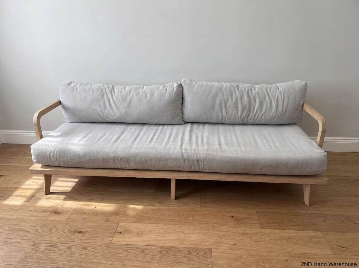 Kipekee Studio Ash Wood & Grey Fabric 3 Seater Couch - Perfect Condition