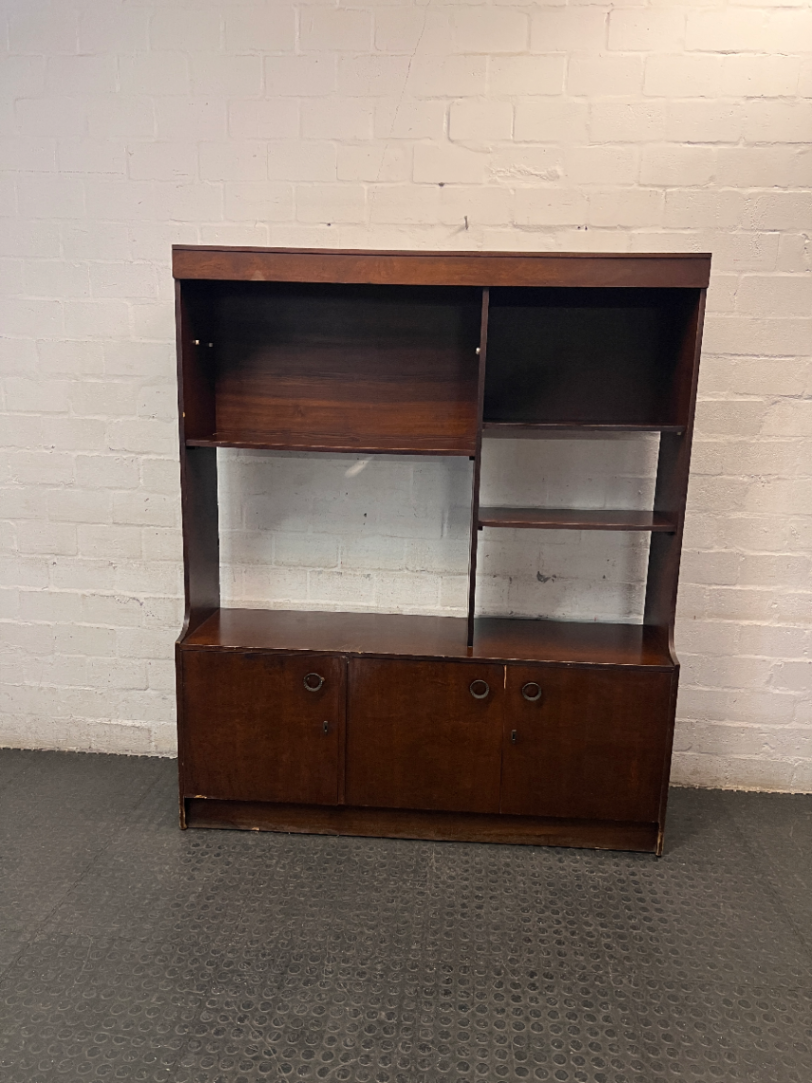Large Brown Wooden TV Unit with Storage Cupboards — Used; Fair Condition