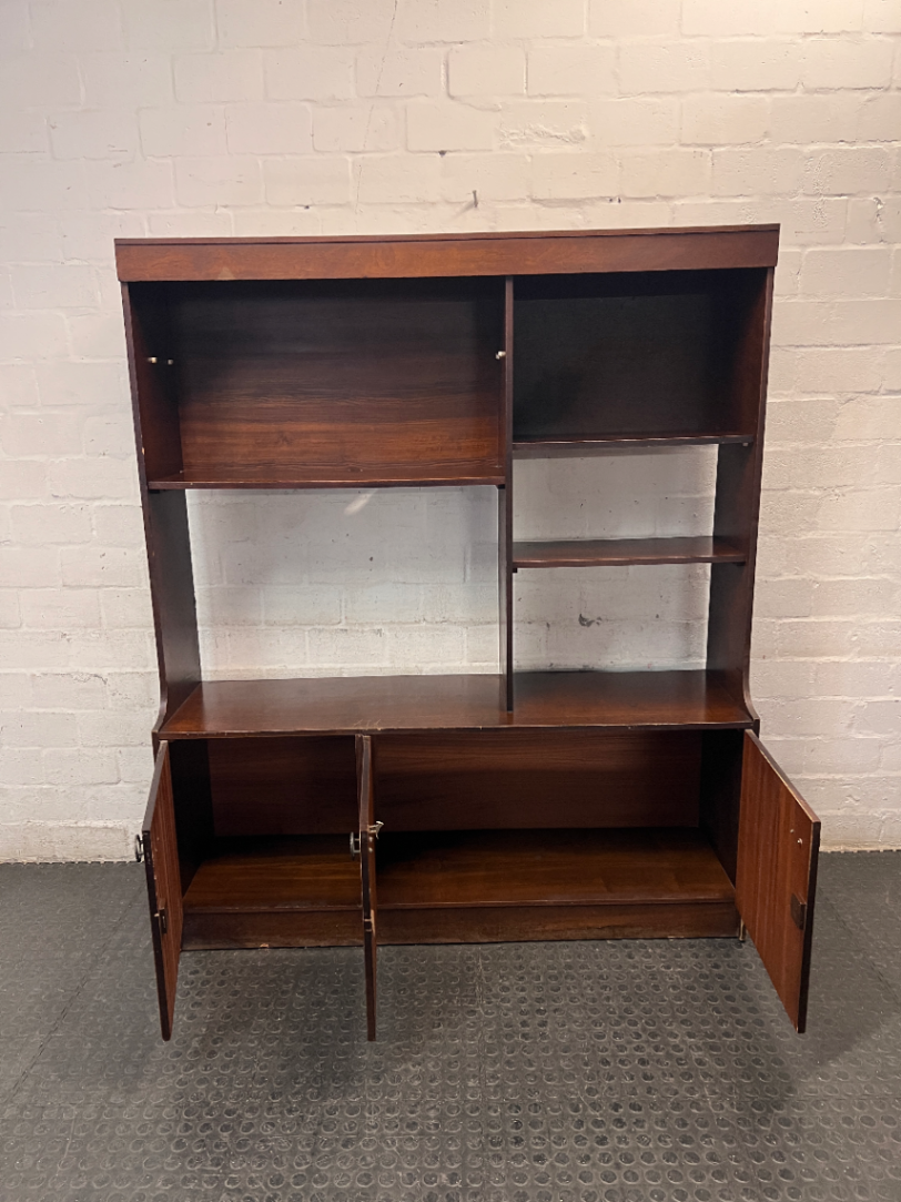 Large Brown Wooden TV Unit with Storage Cupboards — Used; Fair Condition