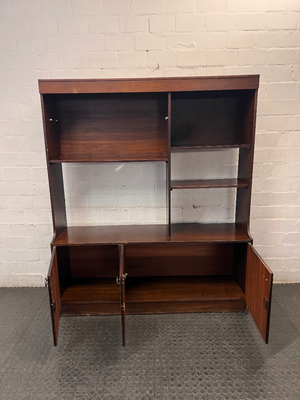 Large Brown Wooden TV Unit with Storage Cupboards — Used; Fair Condition
