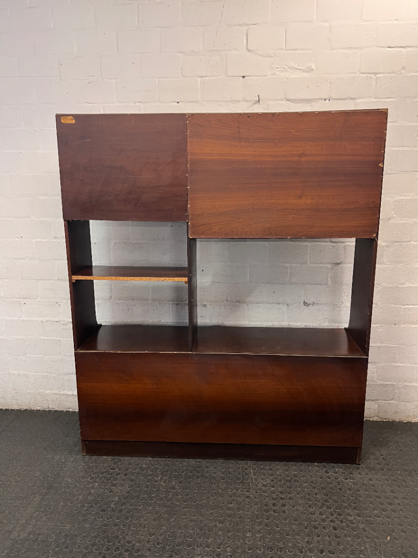 Large Brown Wooden TV Unit with Storage Cupboards — Used; Fair Condition