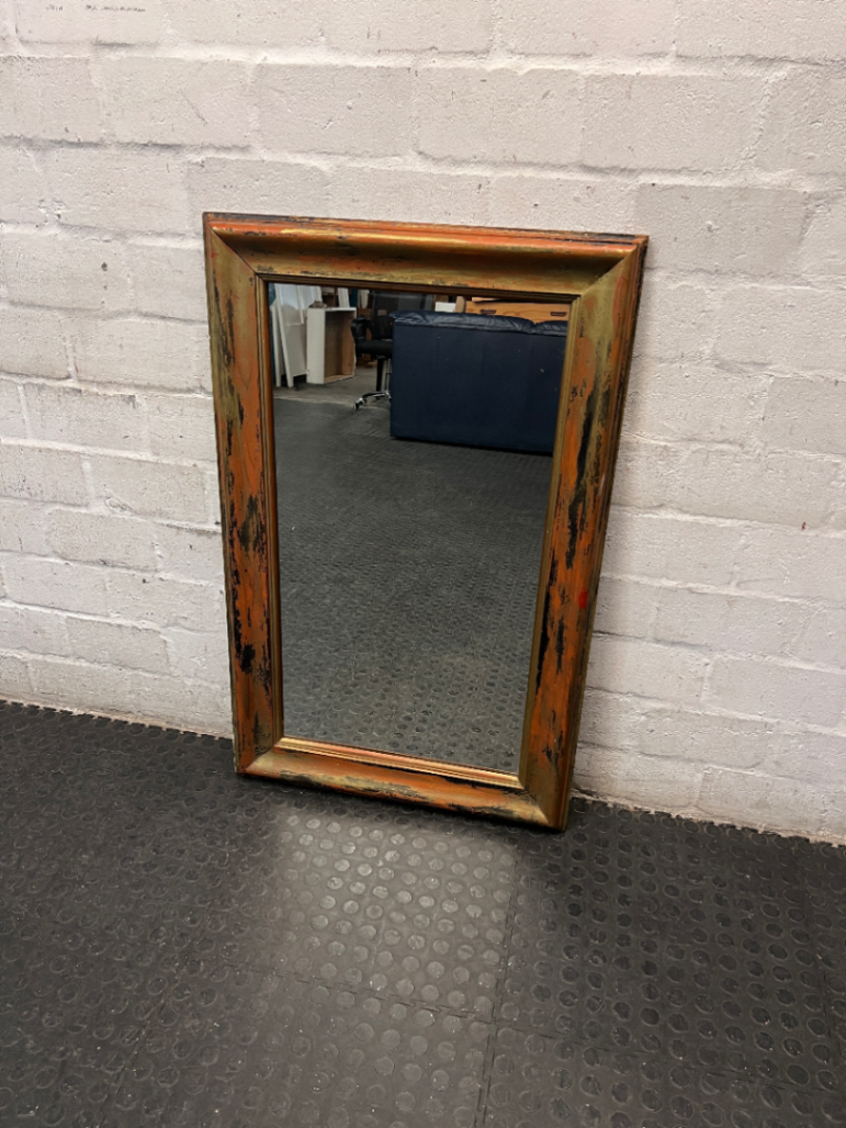Large Distressed Rectangular Wall Mirror — Visible Wear to Frame Finish