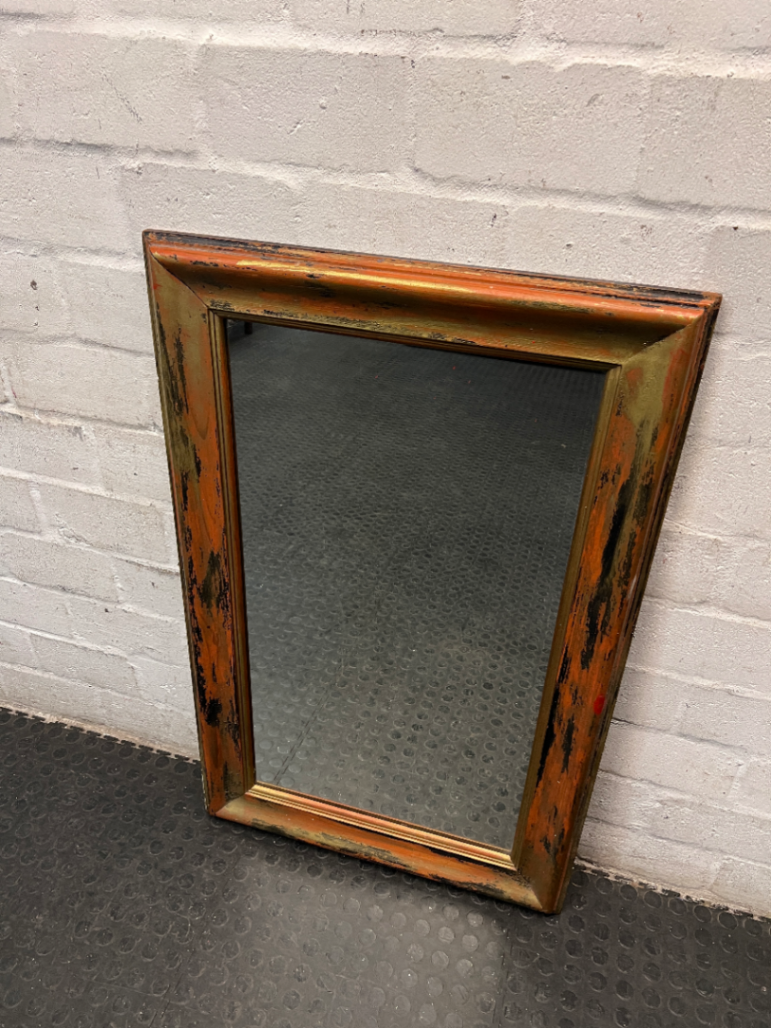 Large Distressed Rectangular Wall Mirror — Visible Wear to Frame Finish