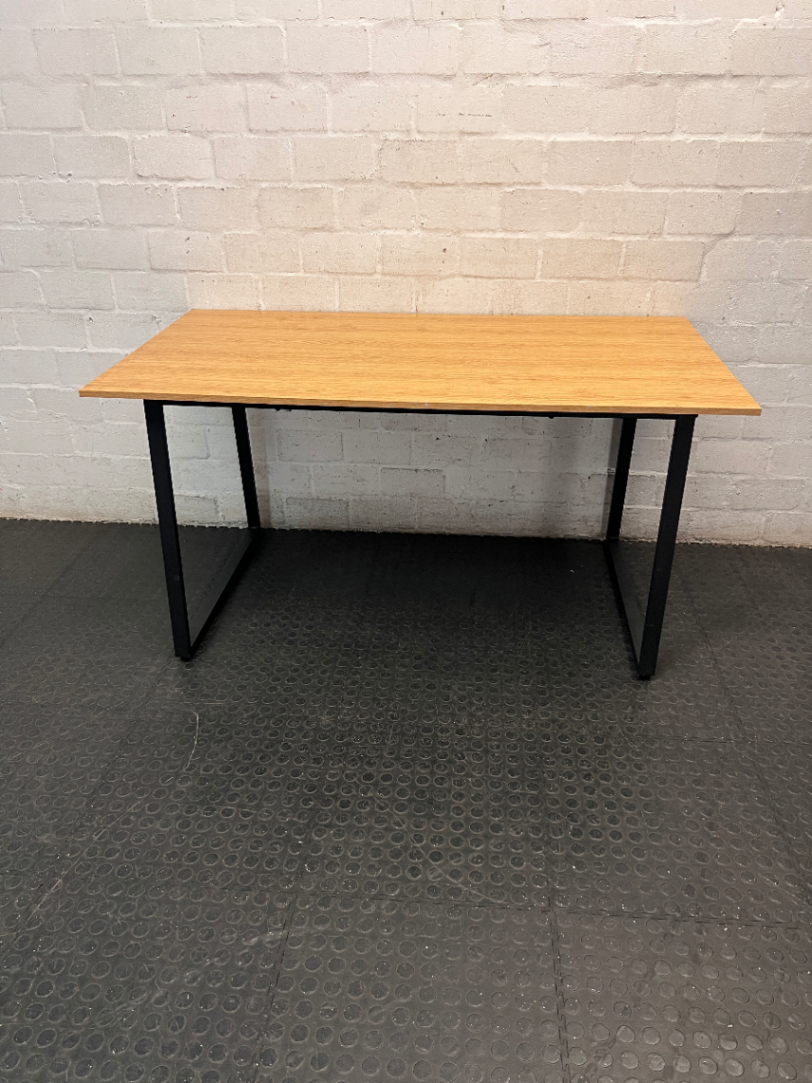 Light Oak Finish Office Desk with Black Metal Frame — Surface Marks and Unstable Frame