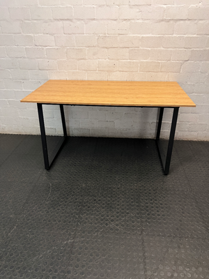 Light Oak Finish Office Desk with Black Metal Frame — Surface Marks and Unstable Frame