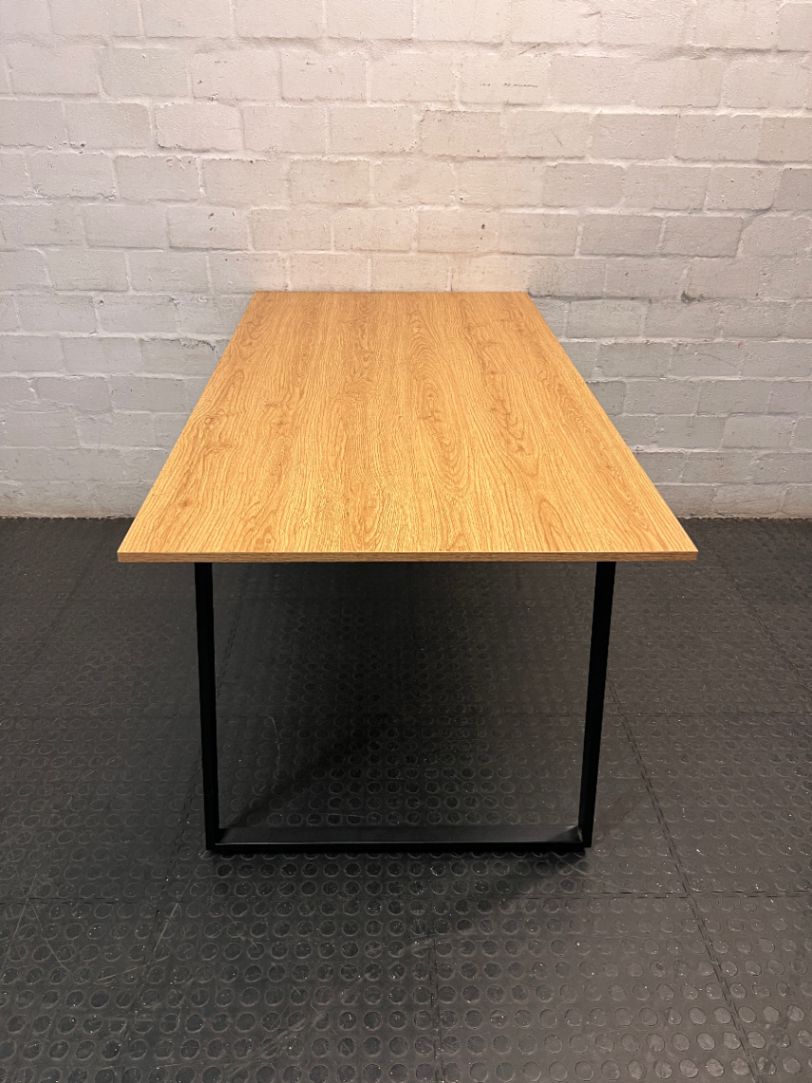 Light Oak Finish Office Desk with Black Metal Frame — Surface Marks and Unstable Frame