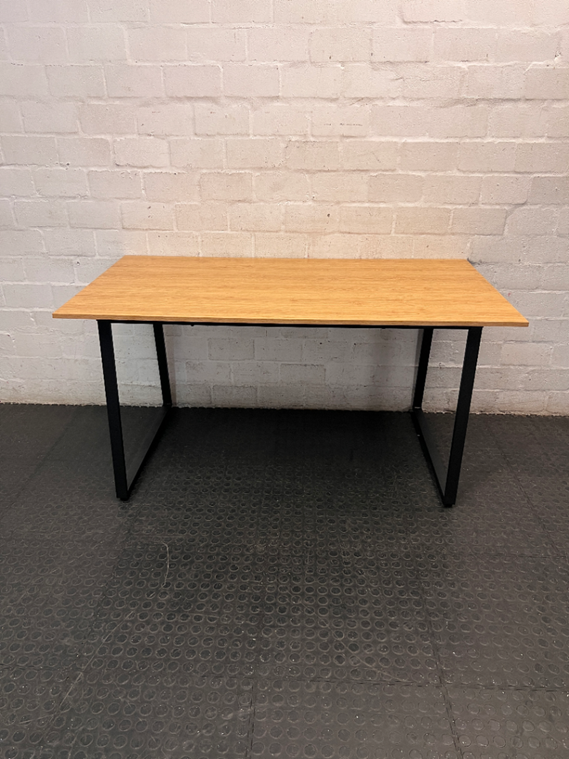 Light Oak Finish Office Desk with Black Metal Frame — Surface Marks and Unstable Frame