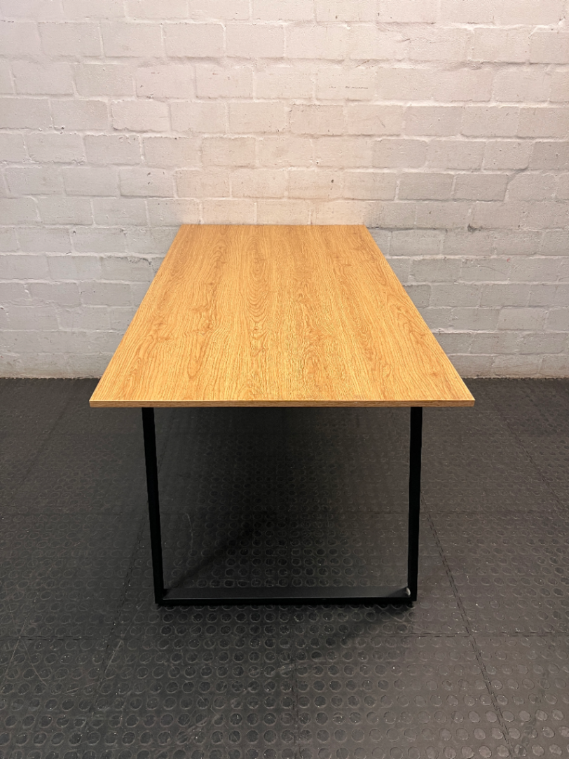 Light Oak Finish Office Desk with Black Metal Frame — Surface Marks and Unstable Frame