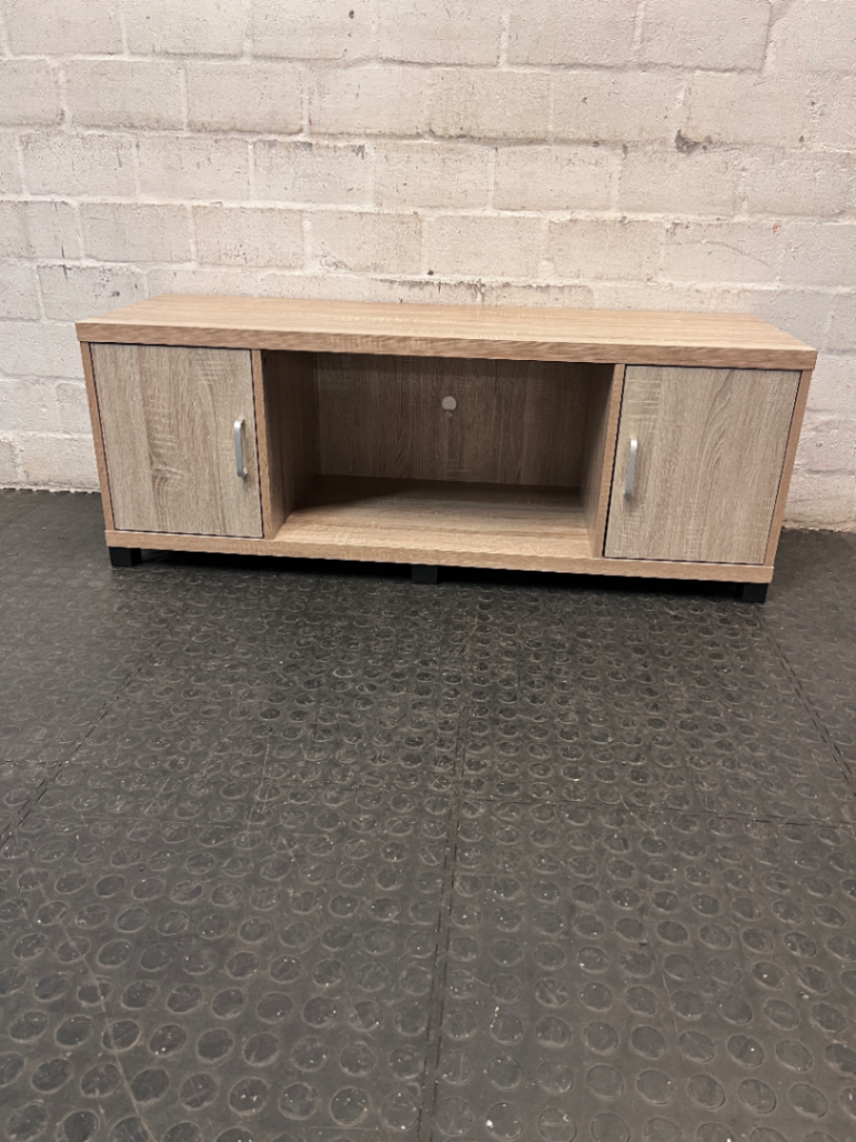 Light Oak-Style Lowline TV Unit with Side Cupboards — Used; Fair Condition