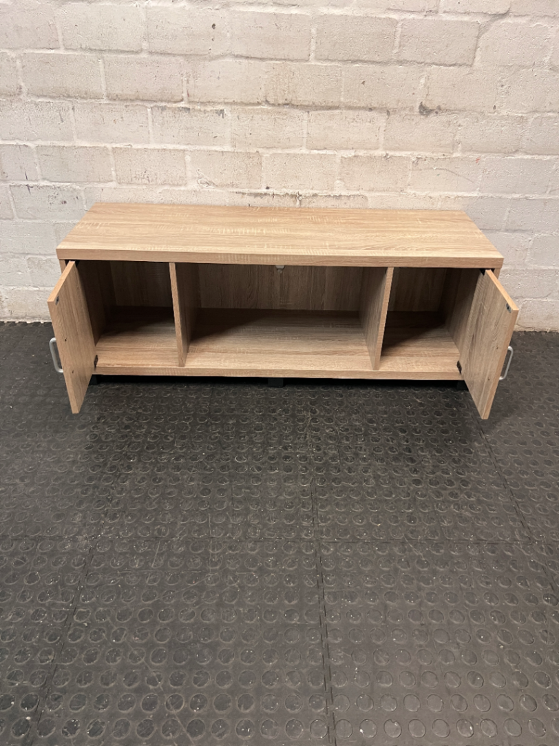 Light Oak-Style Lowline TV Unit with Side Cupboards — Used; Fair Condition