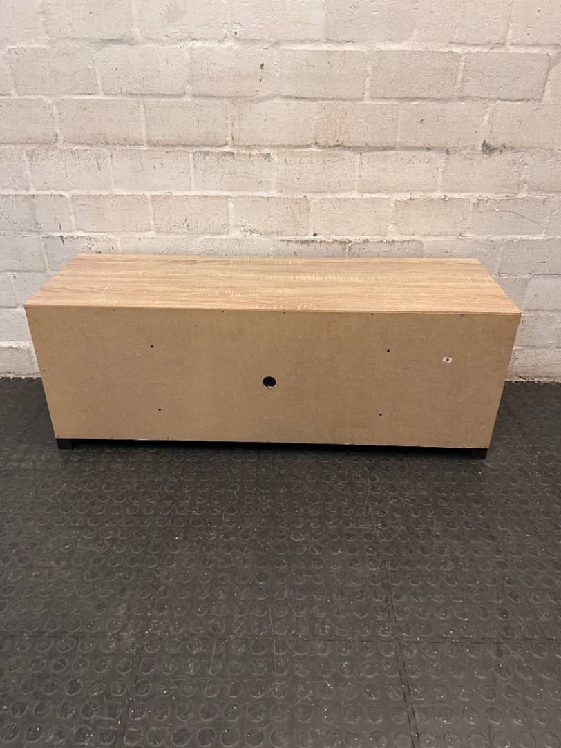 Light Oak-Style Lowline TV Unit with Side Cupboards — Used; Fair Condition