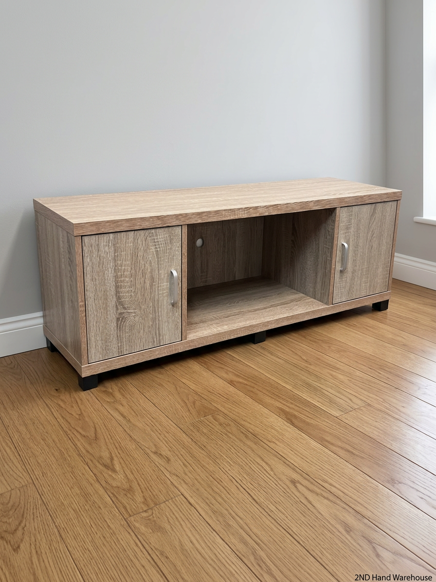 Light Oak-Style Lowline TV Unit with Side Cupboards — Used; Fair Condition