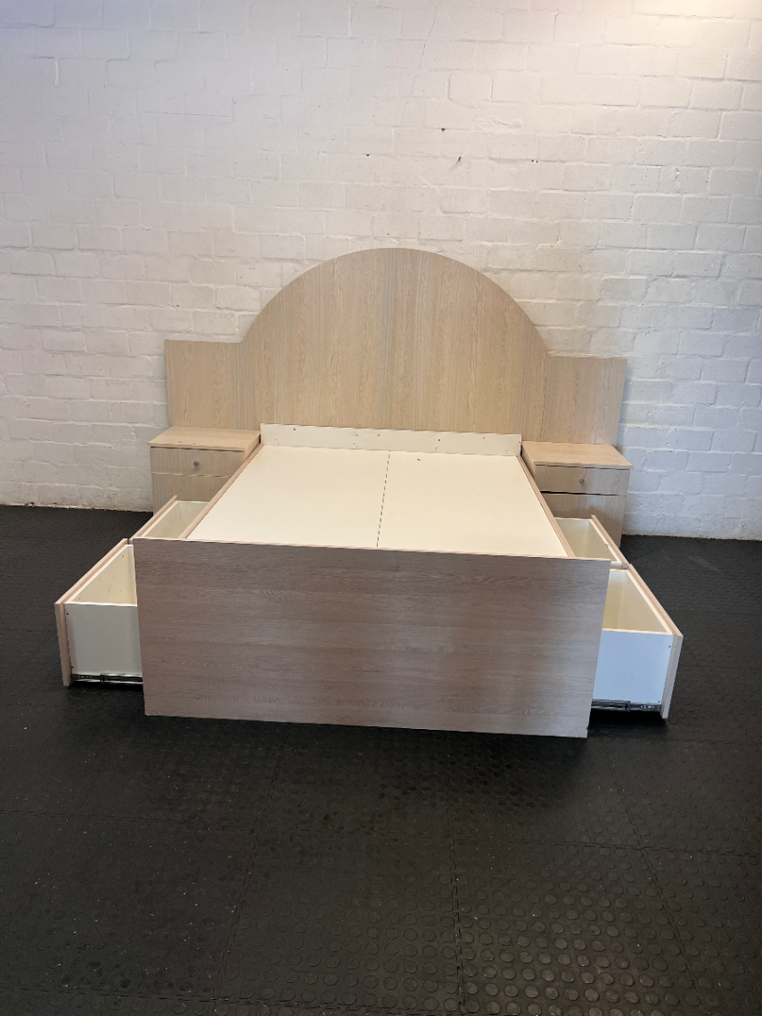 Light Wood Double Bed Base with Arched Headboard & 4 Storage Drawers - 2ndhandwarehouse.com