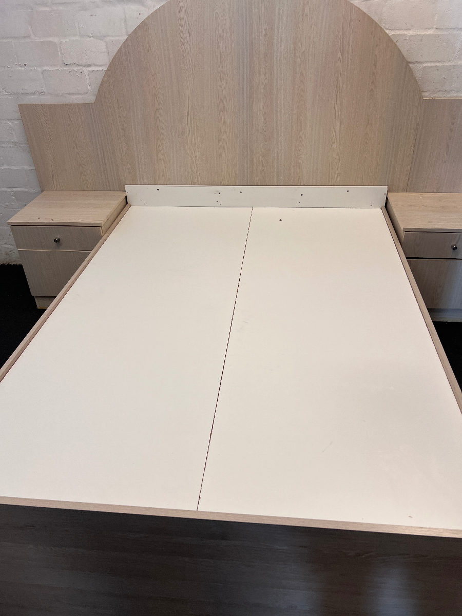 Light Wood Double Bed Base with Arched Headboard & 4 Storage Drawers - 2ndhandwarehouse.com