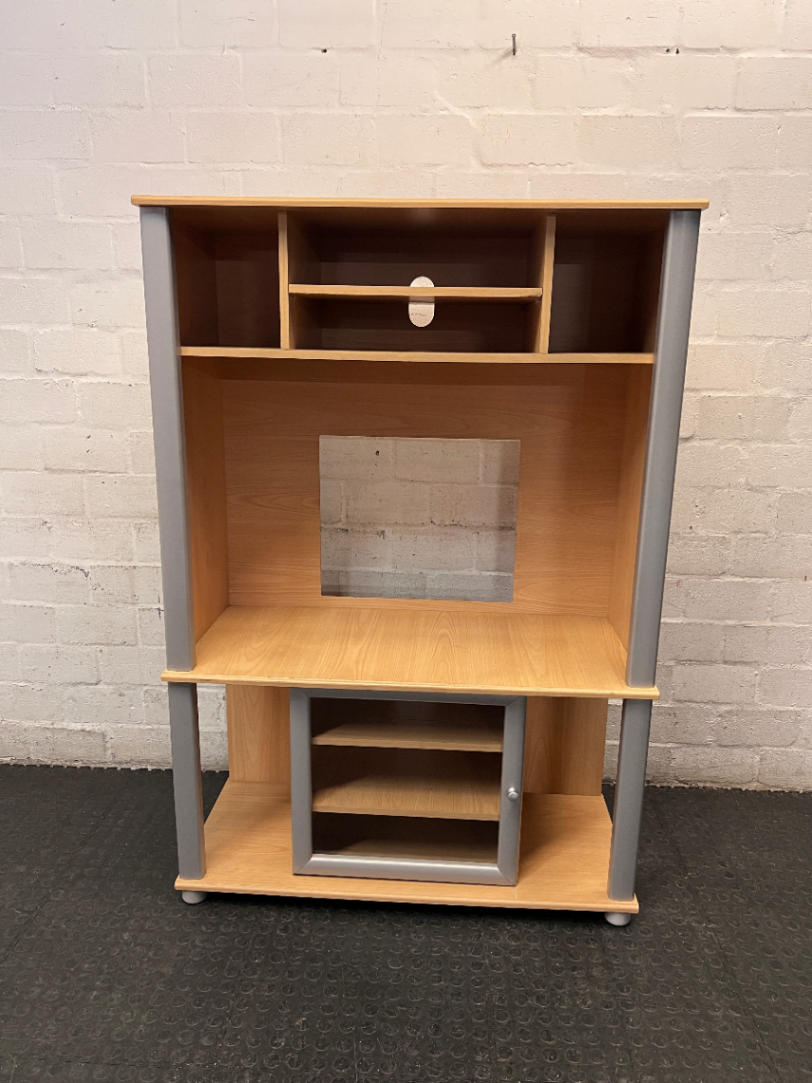 Light Wood Finish TV Unit with Silver Frame and Glass Door — Fair Condition