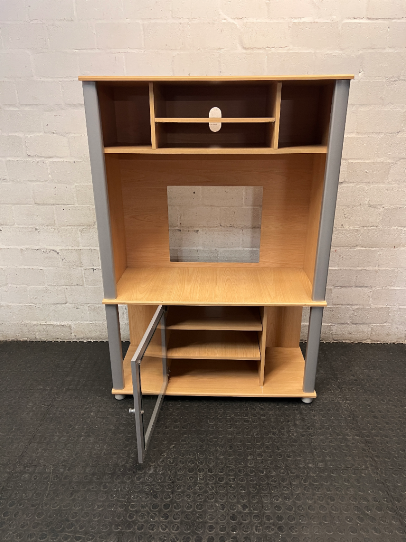 Light Wood Finish TV Unit with Silver Frame and Glass Door — Fair Condition