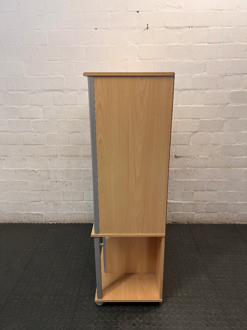 Light Wood Finish TV Unit with Silver Frame and Glass Door — Fair Condition