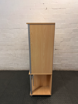 Light Wood Finish TV Unit with Silver Frame and Glass Door — Fair Condition