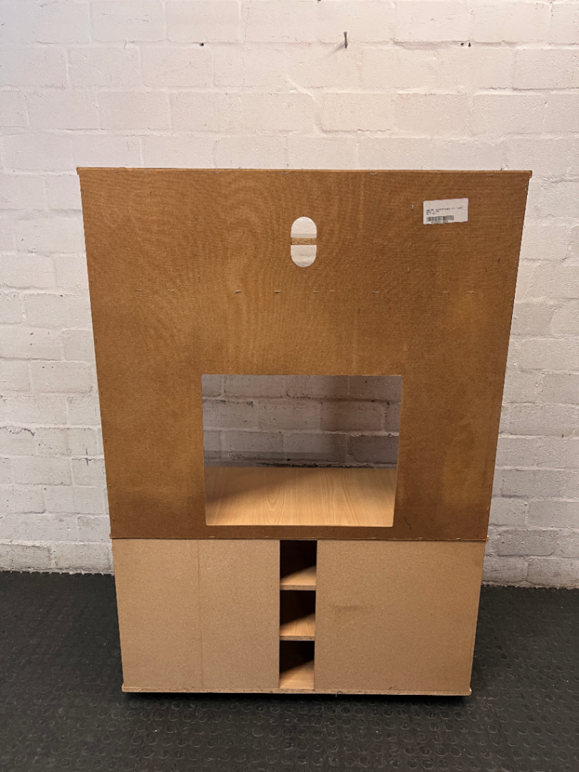 Light Wood Finish TV Unit with Silver Frame and Glass Door — Fair Condition