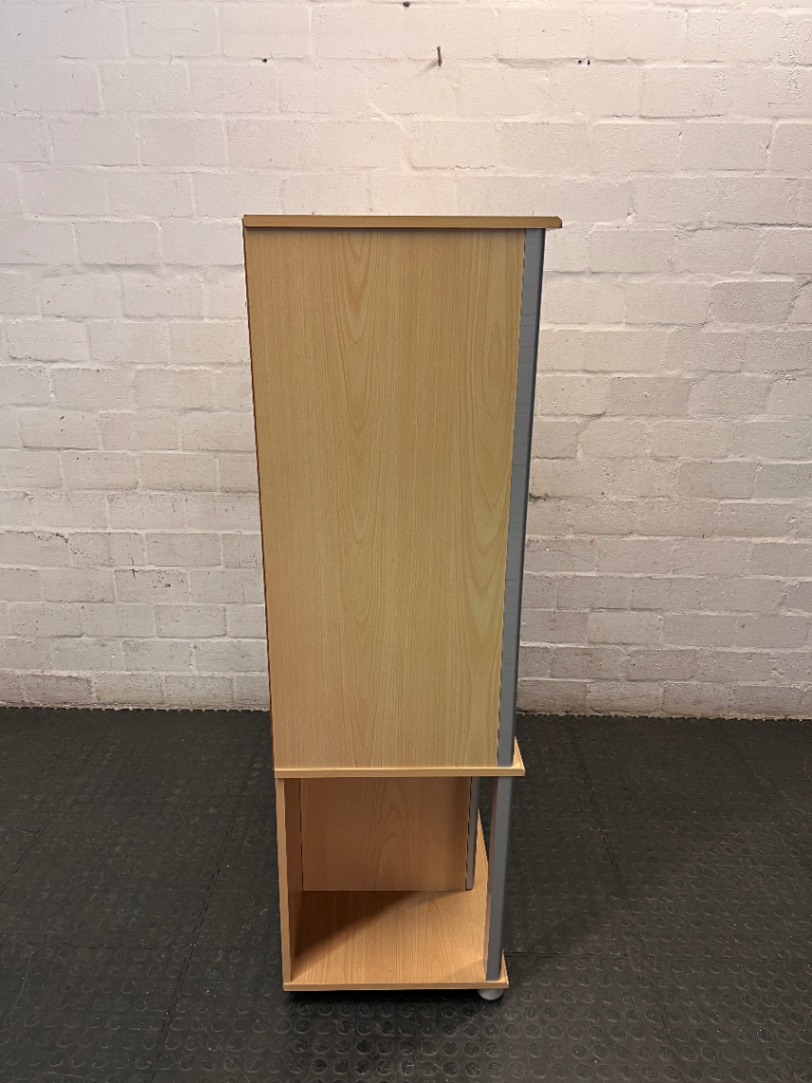 Light Wood Finish TV Unit with Silver Frame and Glass Door — Fair Condition