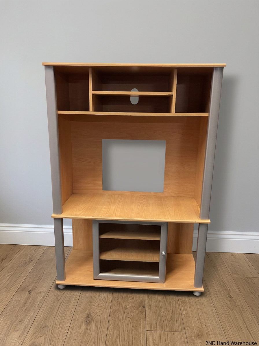 Light Wood Finish TV Unit with Silver Frame and Glass Door — Fair Condition