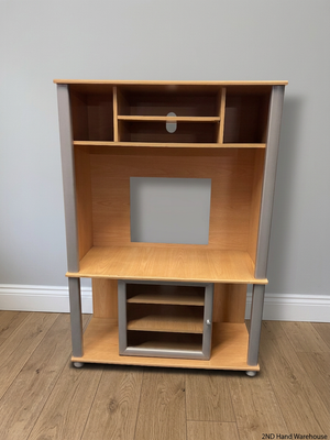 Light Wood Finish TV Unit with Silver Frame and Glass Door — Fair Condition