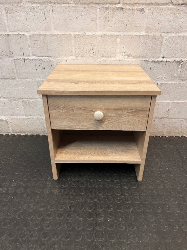 Light Wood-Look Bedside Table with Single Drawer — Used; Fair Condition