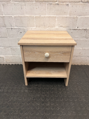 Light Wood-Look Bedside Table with Single Drawer — Used; Fair Condition