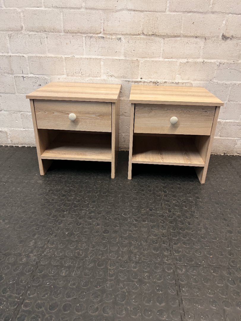 Light Wood-Look Bedside Table with Single Drawer — Used; Fair Condition