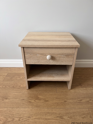 Light Wood-Look Bedside Table with Single Drawer — Used; Fair Condition